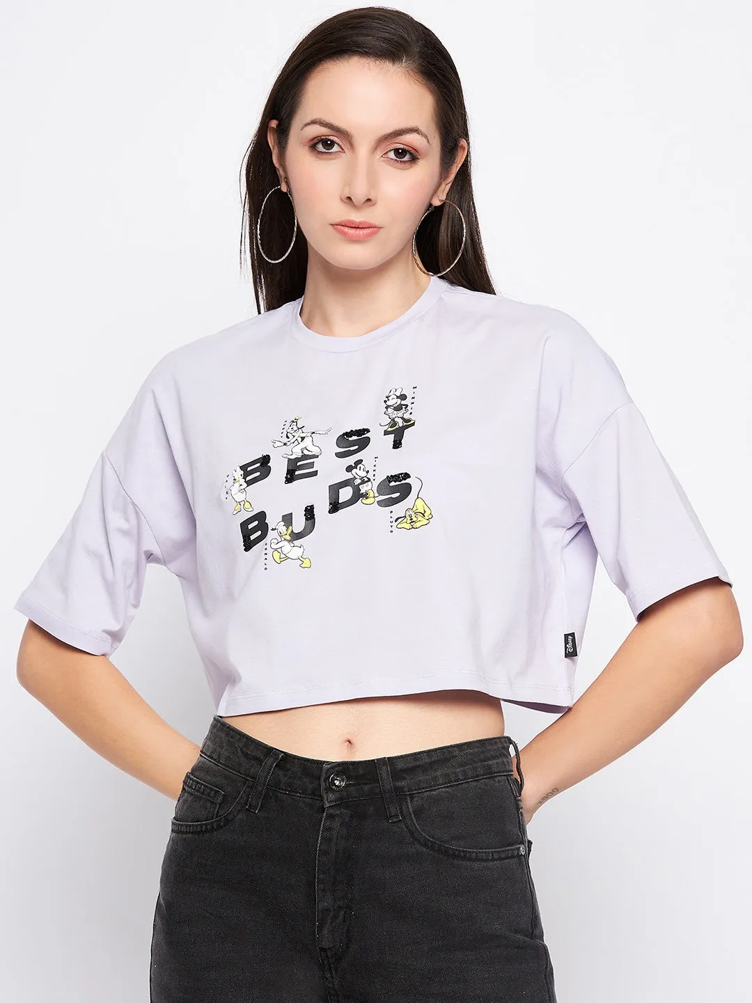 Madame Lilac Cotton Typography Crop Tshirt