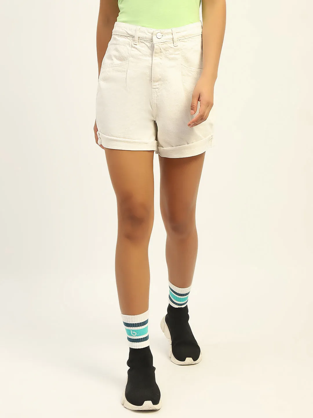 Madame Mid Rise Distressed White Cotton Shorts