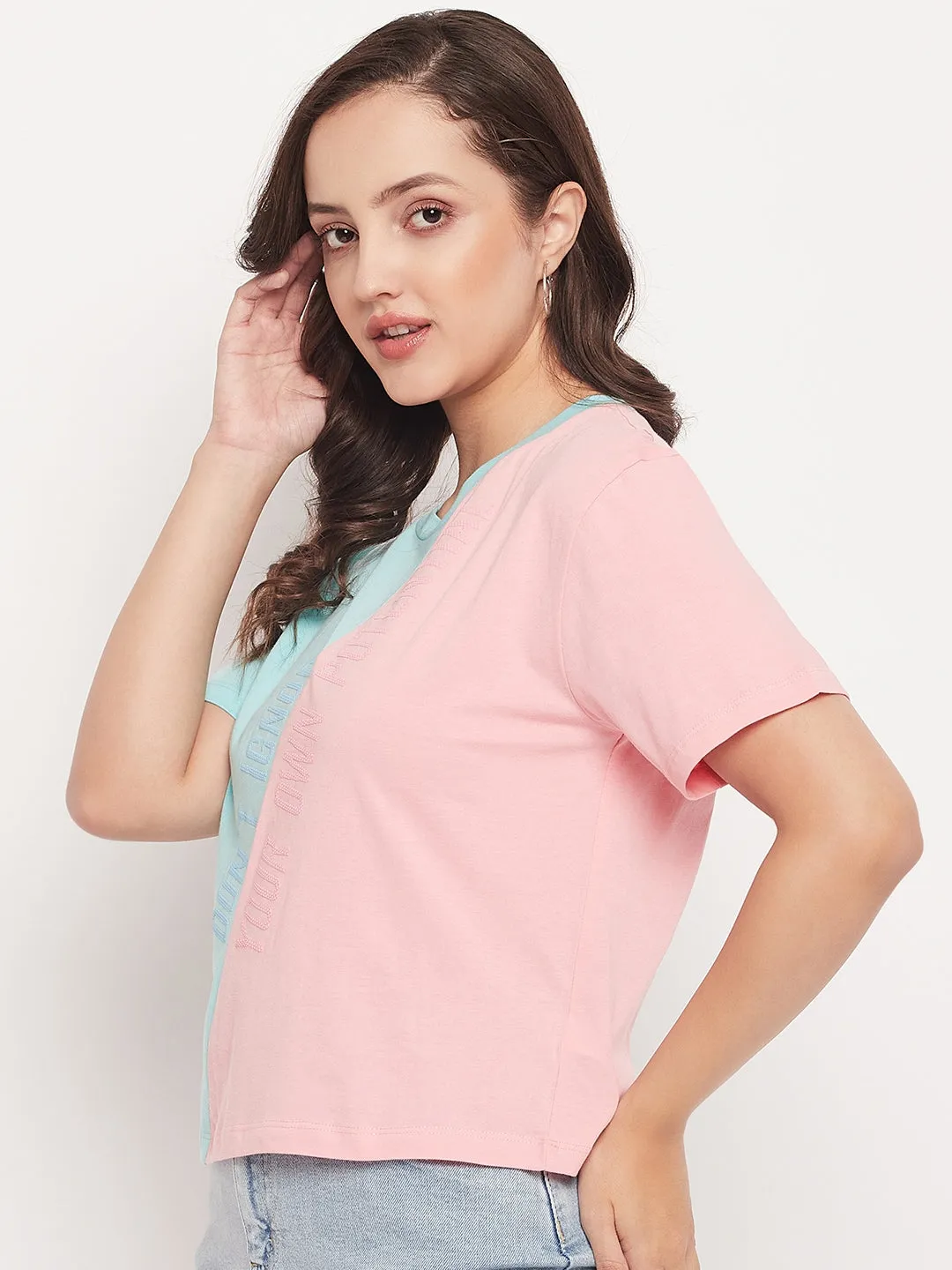 Madame Sky Colourblocked Round Neckline Cotton Tshirt