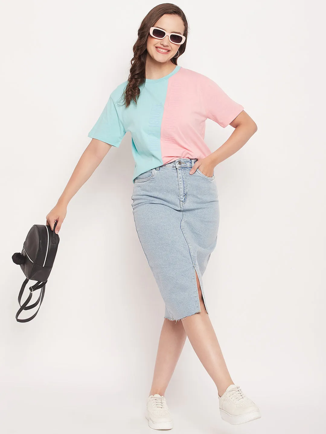 Madame Sky Colourblocked Round Neckline Cotton Tshirt