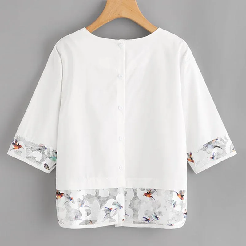 Mesh Patchwork Half Sleeve Blouse