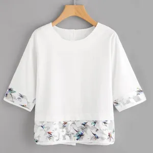 Mesh Patchwork Half Sleeve Blouse