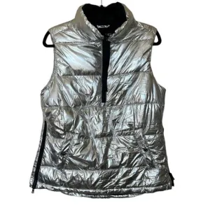 Michael Kors Vest Silver Black Metallic Puffy Sleeveless Half Zip Pullover S NWT