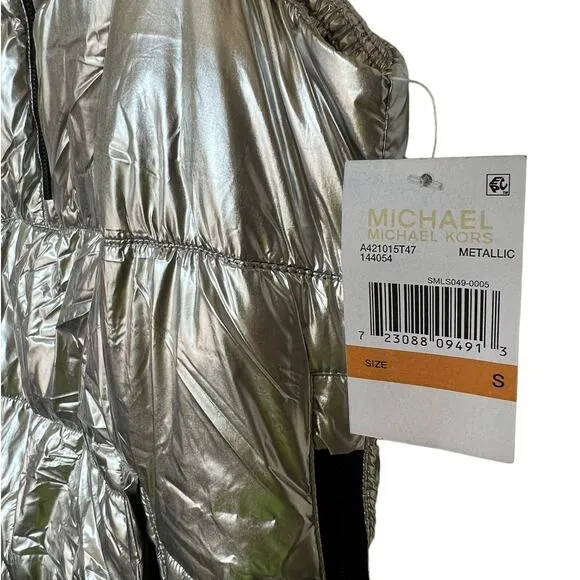Michael Kors Vest Silver Black Metallic Puffy Sleeveless Half Zip Pullover S NWT