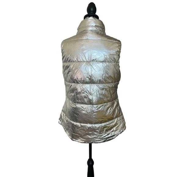 Michael Kors Vest Silver Black Metallic Puffy Sleeveless Half Zip Pullover S NWT