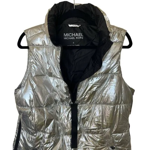 Michael Kors Vest Silver Black Metallic Puffy Sleeveless Half Zip Pullover S NWT