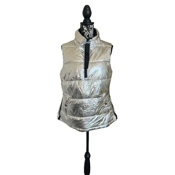 Michael Kors Vest Silver Black Metallic Puffy Sleeveless Half Zip Pullover S NWT