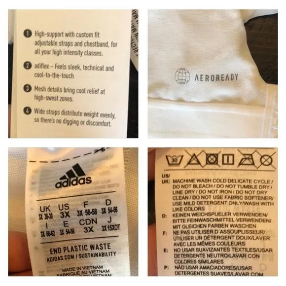 NEW Adidas High Impact Training High Support Plus Sz 3X White Padded Sports Bra