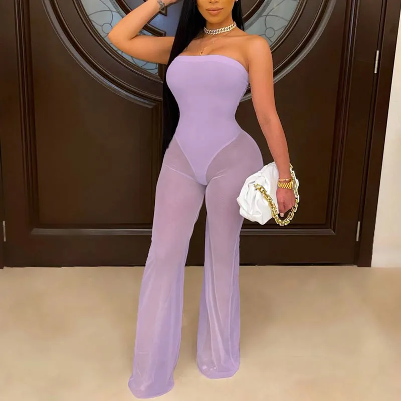 Off  Shoulder Sheer Mesh Jumpsuit