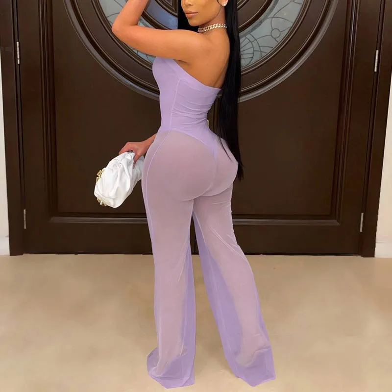 Off  Shoulder Sheer Mesh Jumpsuit