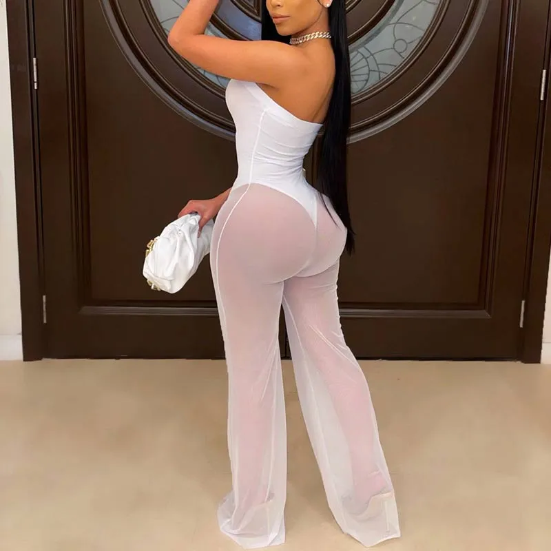 Off  Shoulder Sheer Mesh Jumpsuit