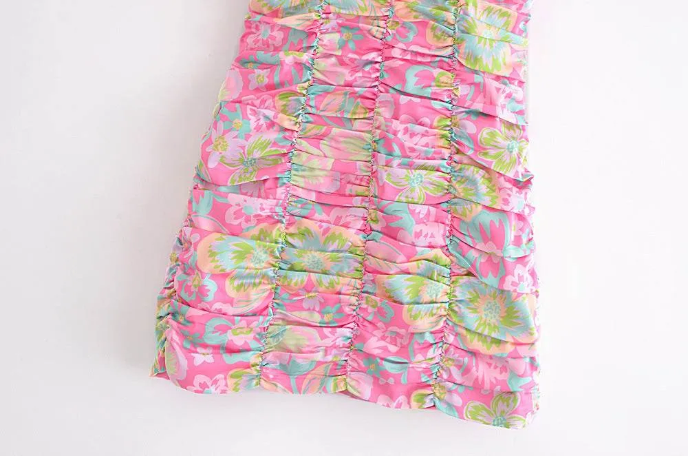 Pleated Design Printing Slip Dress Women's
