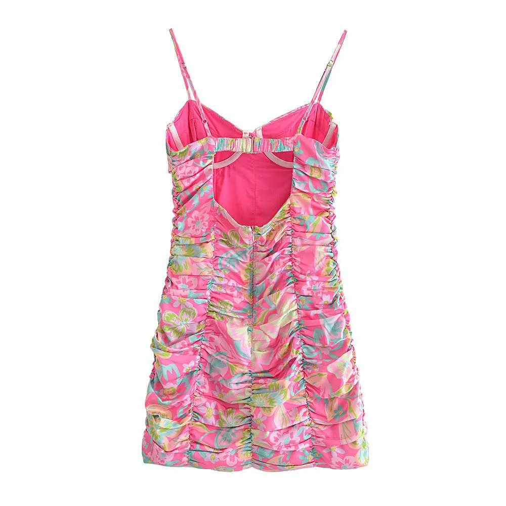 Pleated Design Printing Slip Dress Women's