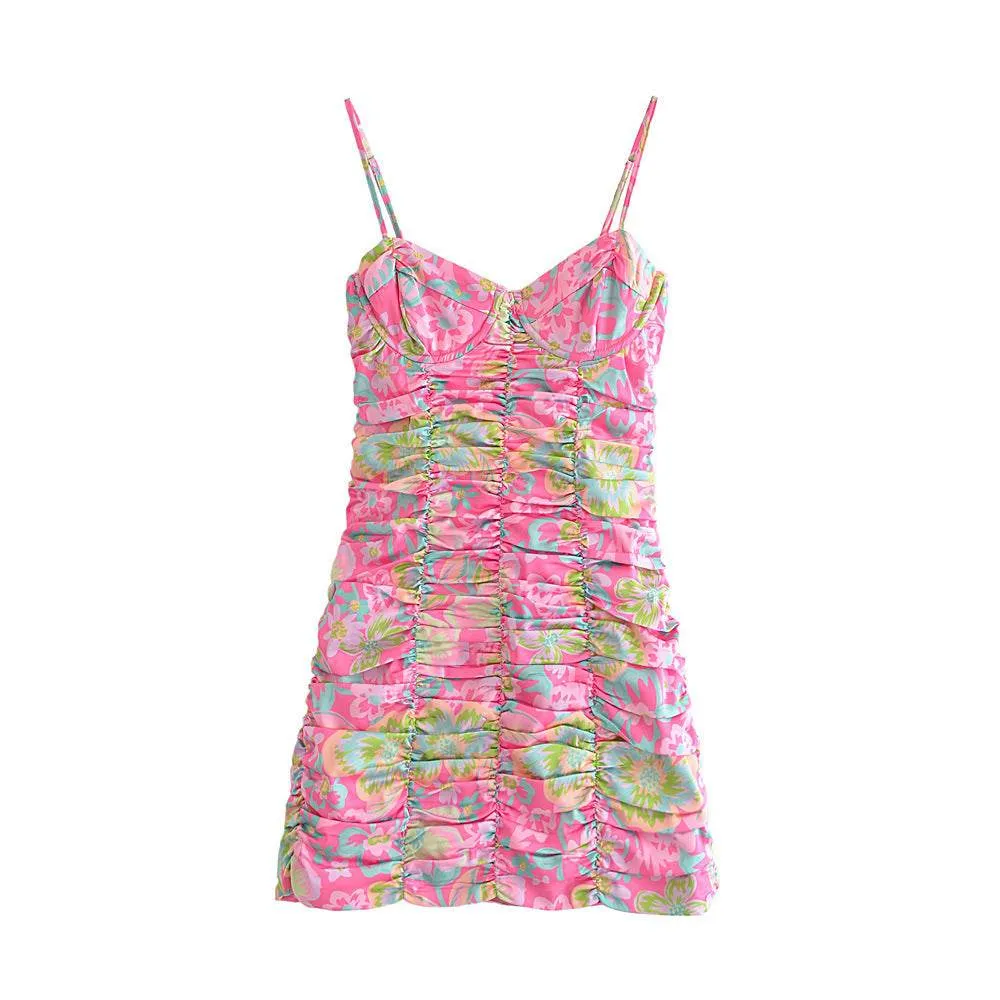 Pleated Design Printing Slip Dress Women's