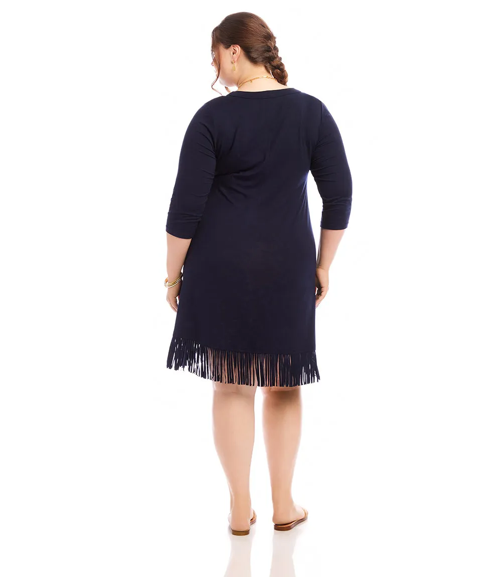 Plus Size 3/4 Sleeve Fringe Hem Dress