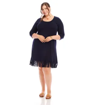 Plus Size 3/4 Sleeve Fringe Hem Dress