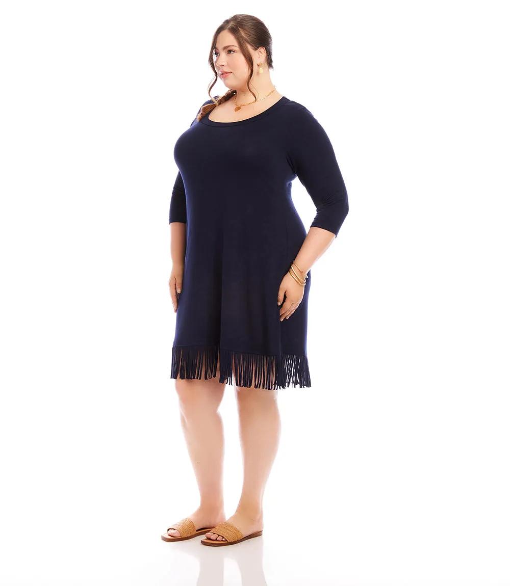 Plus Size 3/4 Sleeve Fringe Hem Dress