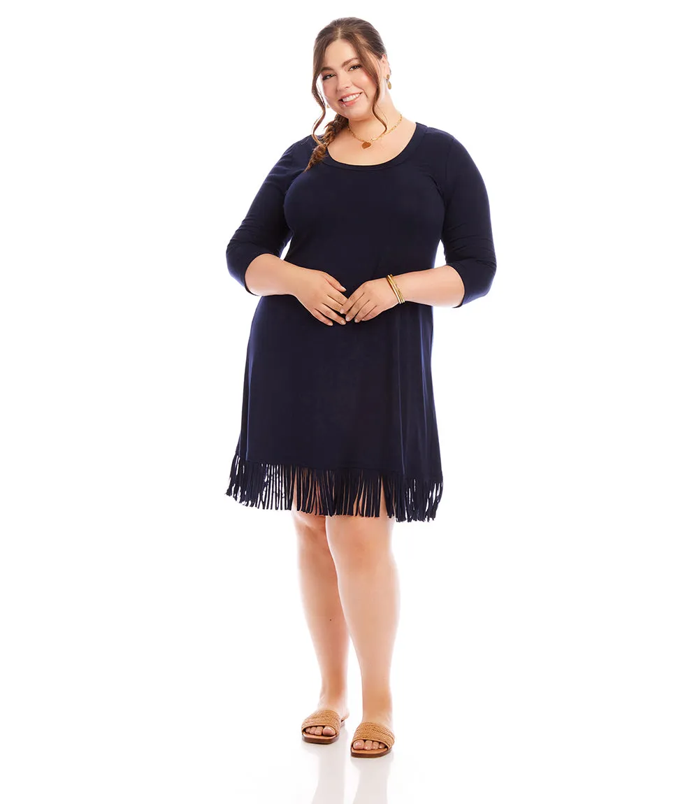 Plus Size 3/4 Sleeve Fringe Hem Dress
