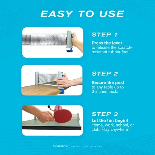 PRO SPIN Play Anywhere Portable Ping Pong Net ââ‚¬â€œ Retractable Table Tennis Net for Any Table Includes Convenient Storage Bag