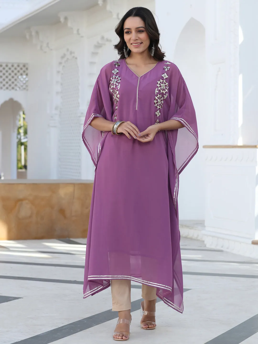 Purple Georgette Mirror Work Gota Embellished Kaftan