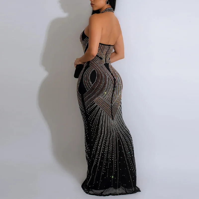 Rhinestone Halter Sheer Mesh Sleeveless Maxi Dress