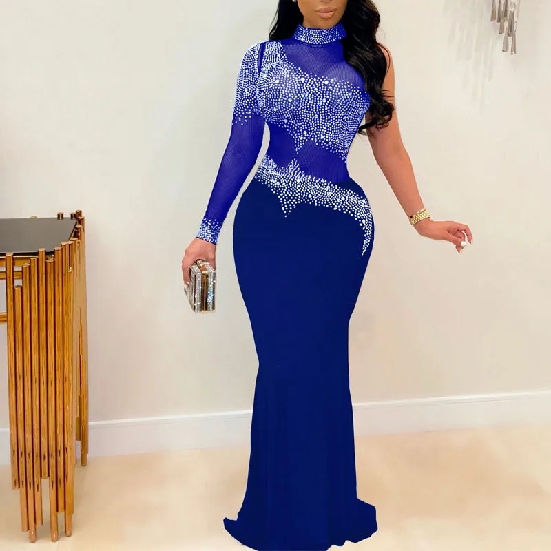 Rhinestone One Sleeve Sheer Mesh Patchwork Floor-Length Dress
