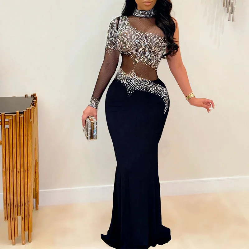 Rhinestone One Sleeve Sheer Mesh Patchwork Floor-Length Dress