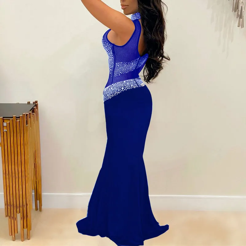 Rhinestone One Sleeve Sheer Mesh Patchwork Floor-Length Dress