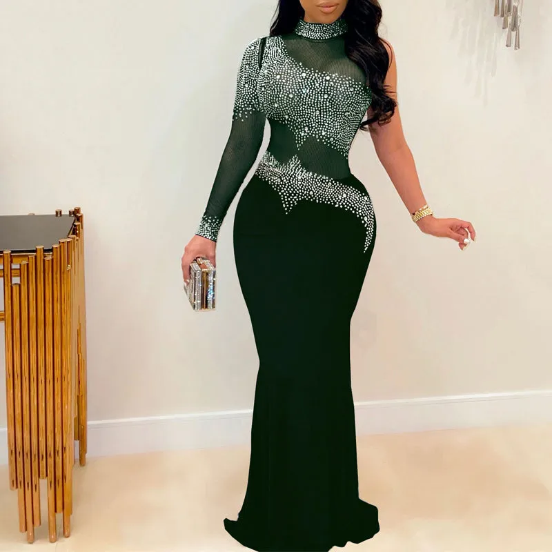 Rhinestone One Sleeve Sheer Mesh Patchwork Floor-Length Dress