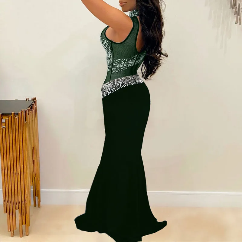 Rhinestone One Sleeve Sheer Mesh Patchwork Floor-Length Dress