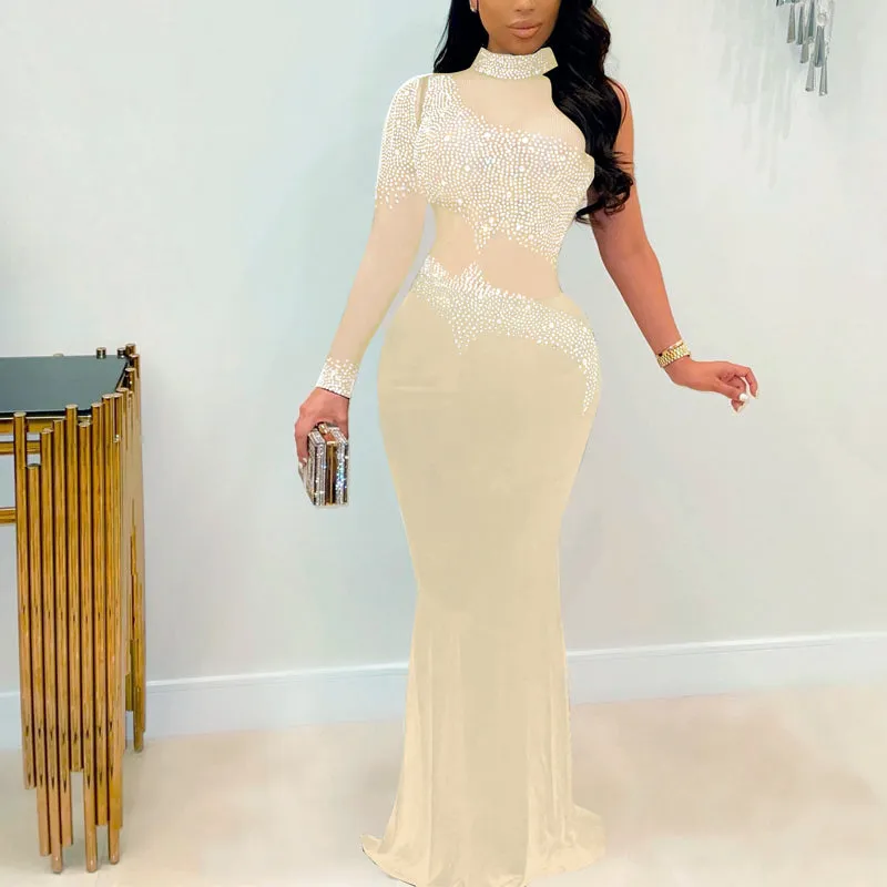 Rhinestone One Sleeve Sheer Mesh Patchwork Floor-Length Dress