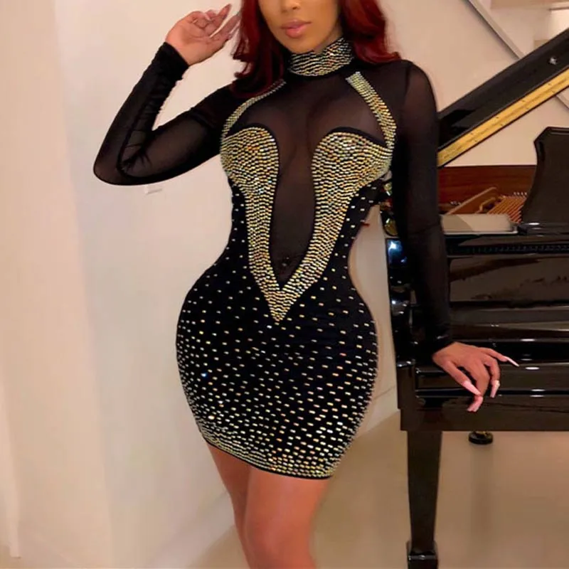 Rhinestone Sleeveless Sheer Mesh Patchwork Bodycon Dress