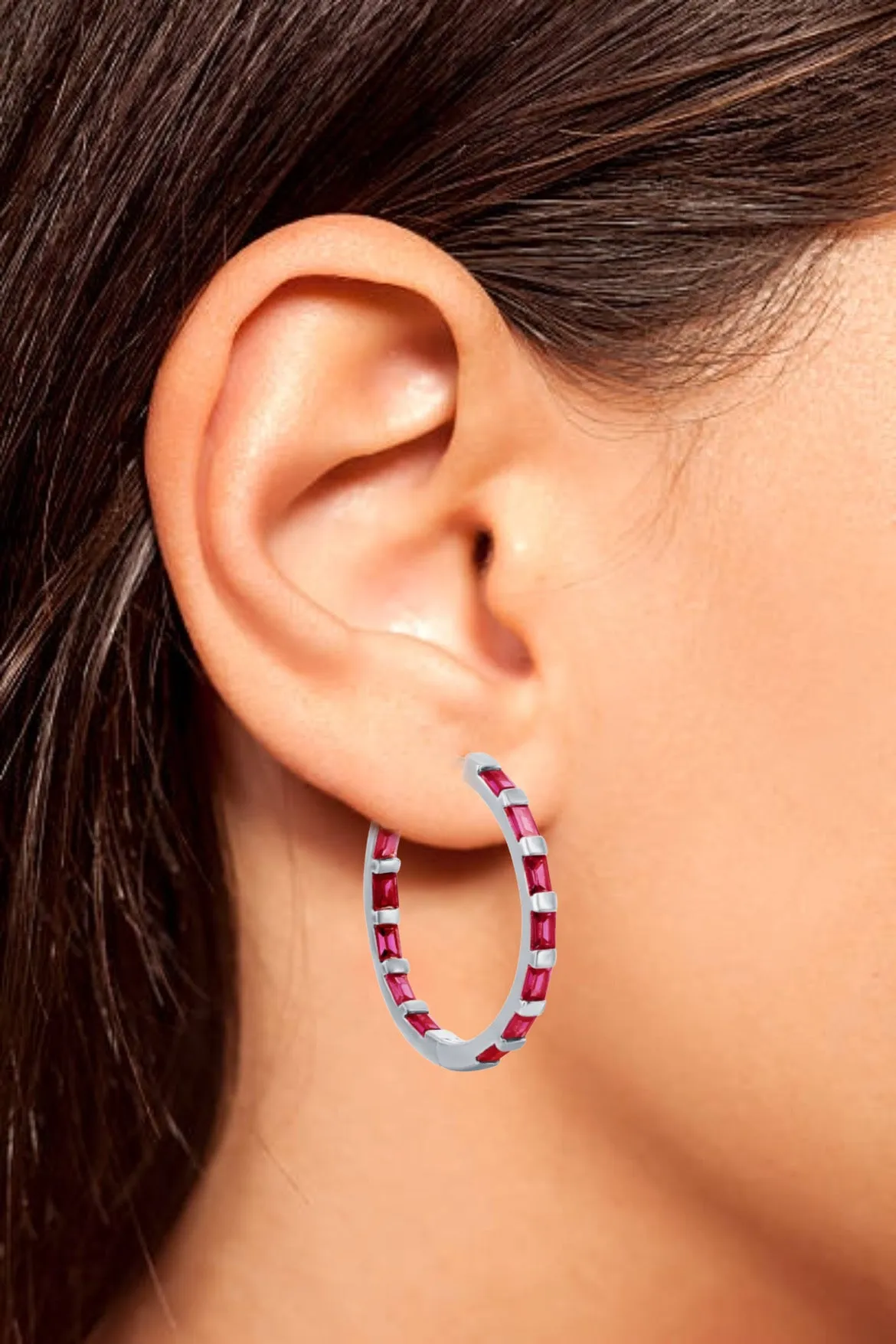 Ruby Baguette Tennis Hoop Earrings