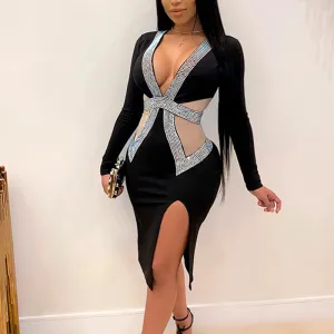 Sequins V-Neck Hollow Out Mesh Patchwork Long Sleeve High Slit Dress