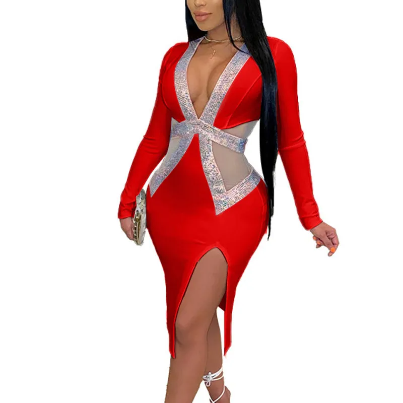 Sequins V-Neck Hollow Out Mesh Patchwork Long Sleeve High Slit Dress