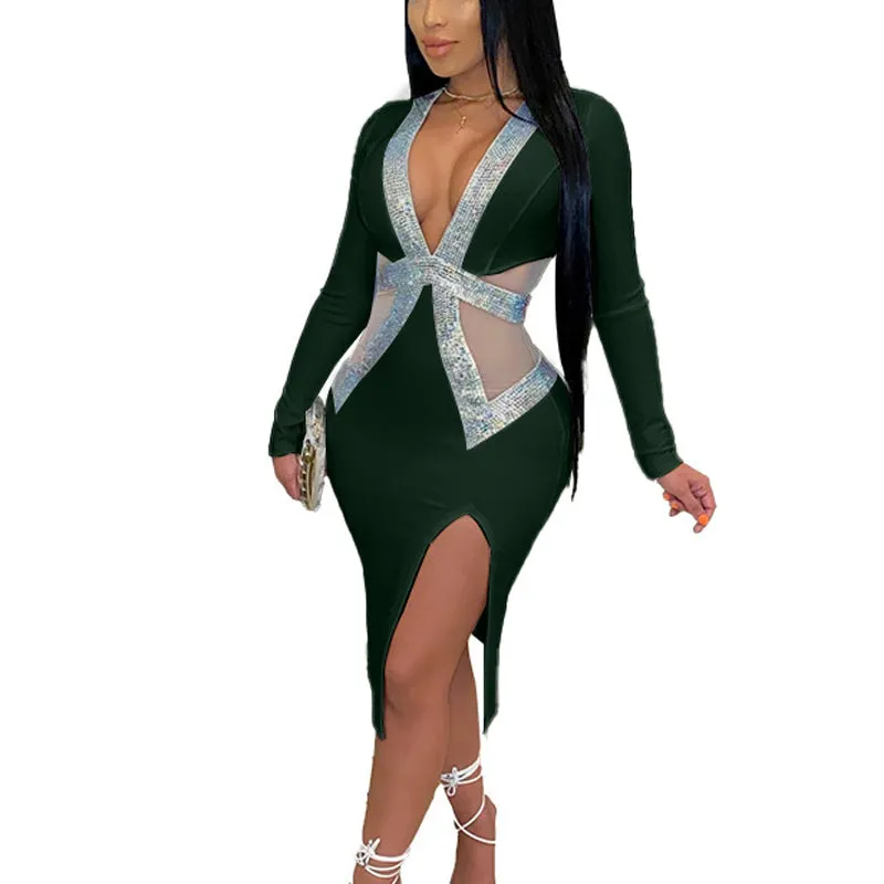 Sequins V-Neck Hollow Out Mesh Patchwork Long Sleeve High Slit Dress
