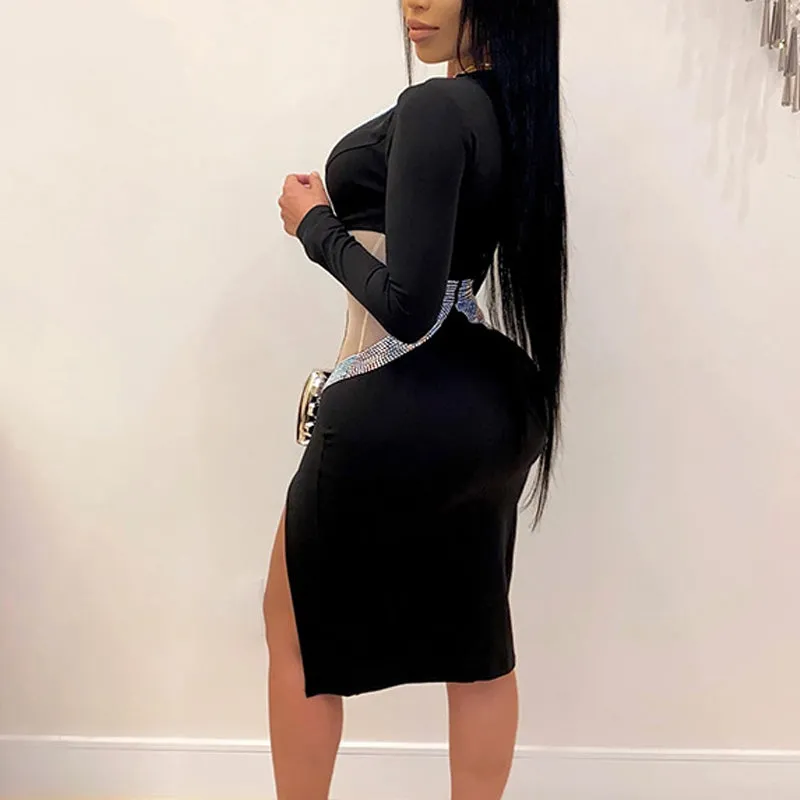 Sequins V-Neck Hollow Out Mesh Patchwork Long Sleeve High Slit Dress