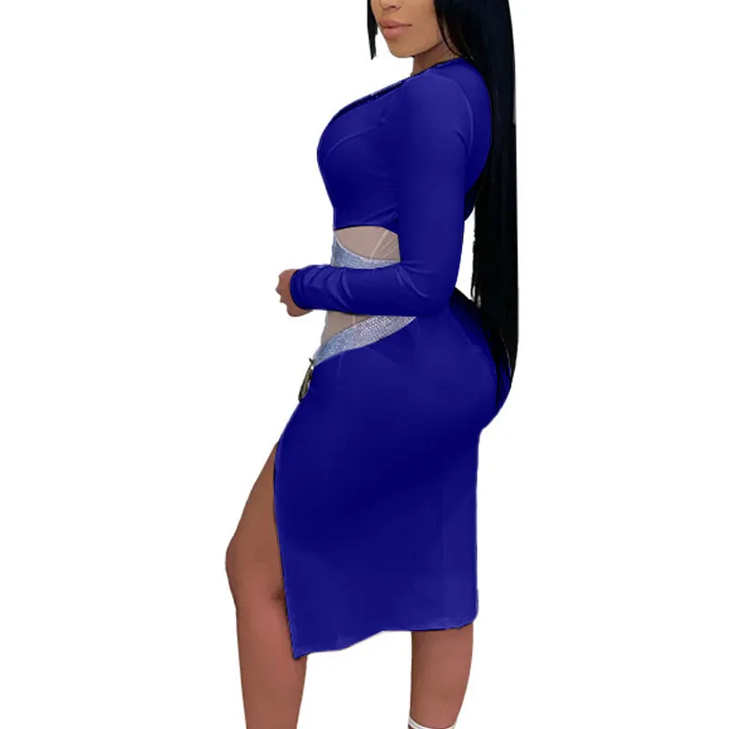 Sequins V-Neck Hollow Out Mesh Patchwork Long Sleeve High Slit Dress