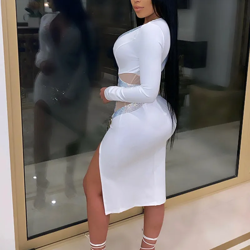 Sequins V-Neck Hollow Out Mesh Patchwork Long Sleeve High Slit Dress