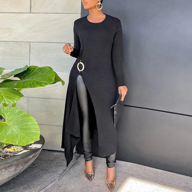 Sexy Solid Round Neck High Split Dress