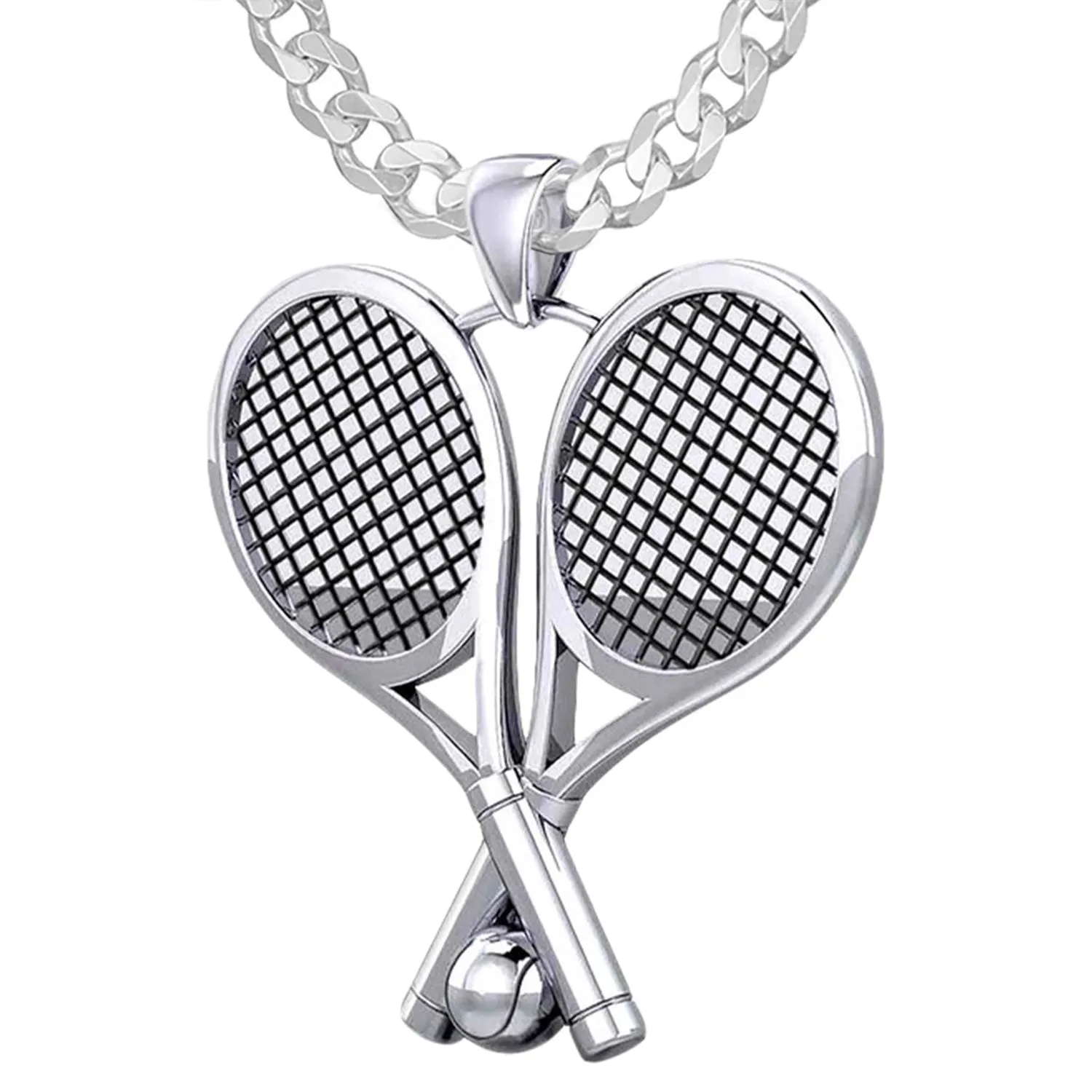 Small 925 Sterling Silver 3D Double Tennis Racket & Ball Pendant Necklace, 25mm