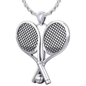 Small 925 Sterling Silver 3D Double Tennis Racket & Ball Pendant Necklace, 25mm