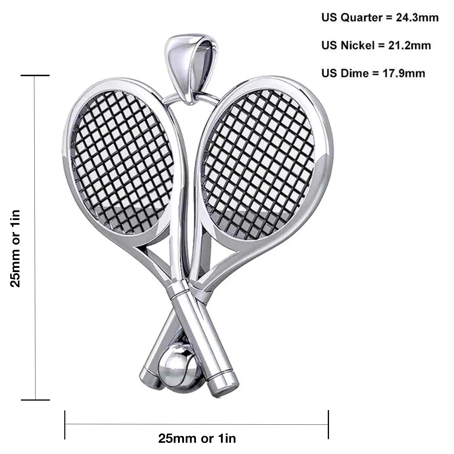 Small 925 Sterling Silver 3D Double Tennis Racket & Ball Pendant Necklace, 25mm