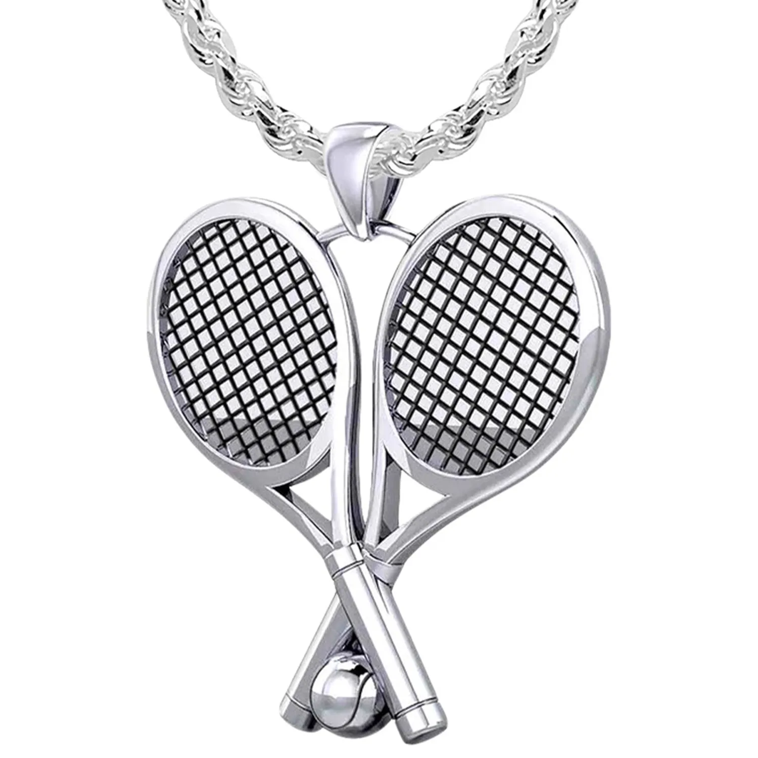 Small 925 Sterling Silver 3D Double Tennis Racket & Ball Pendant Necklace, 25mm
