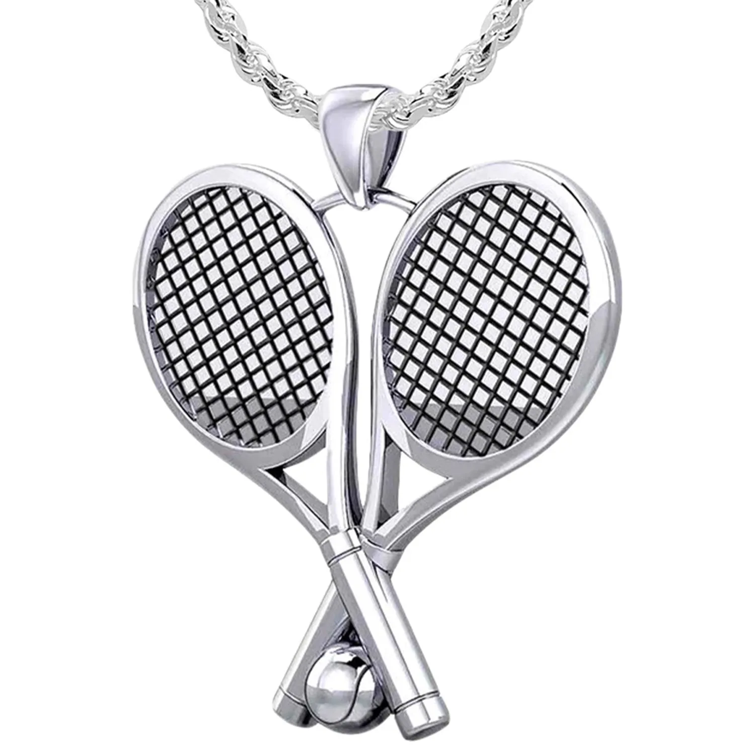 Small 925 Sterling Silver 3D Double Tennis Racket & Ball Pendant Necklace, 25mm