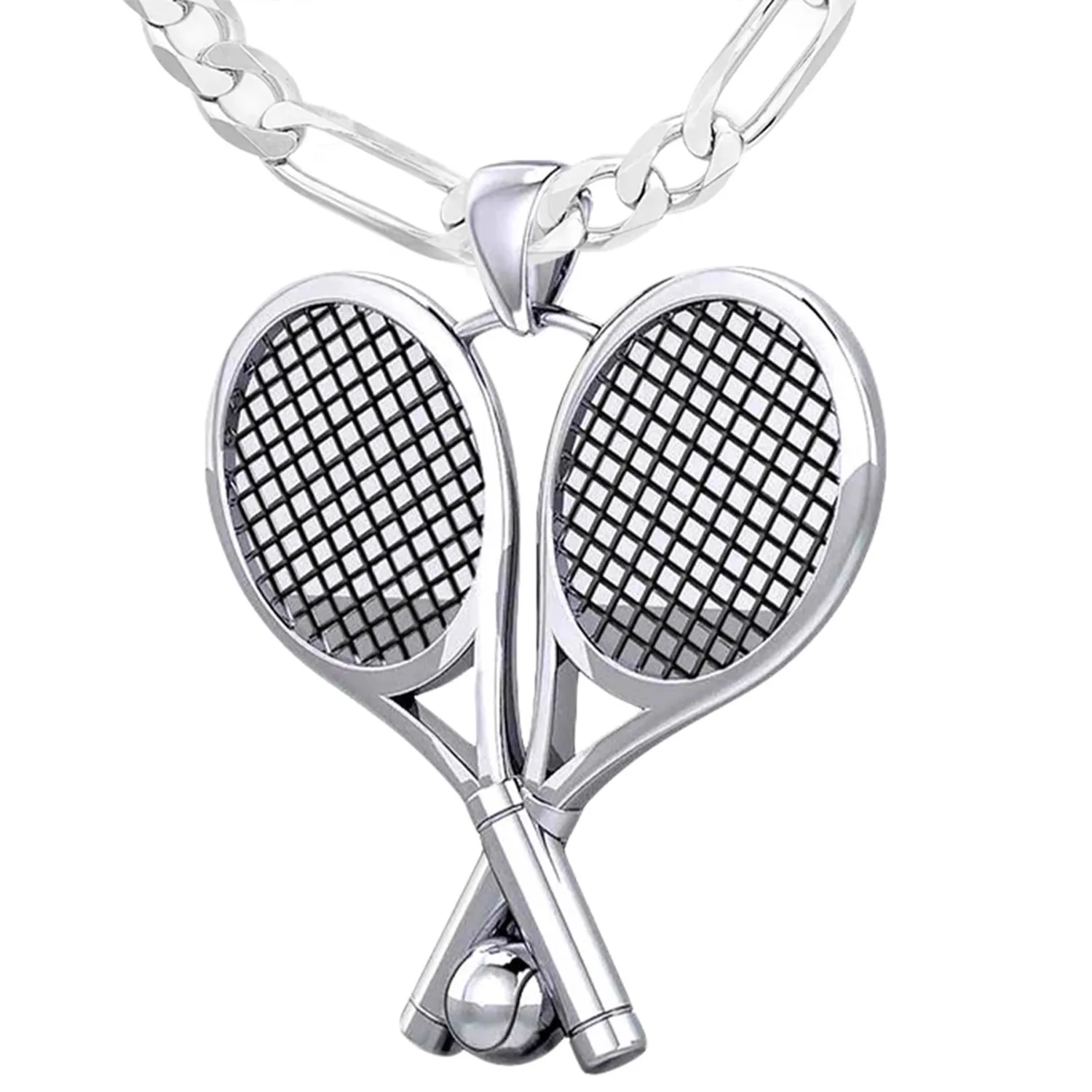 Small 925 Sterling Silver 3D Double Tennis Racket & Ball Pendant Necklace, 25mm