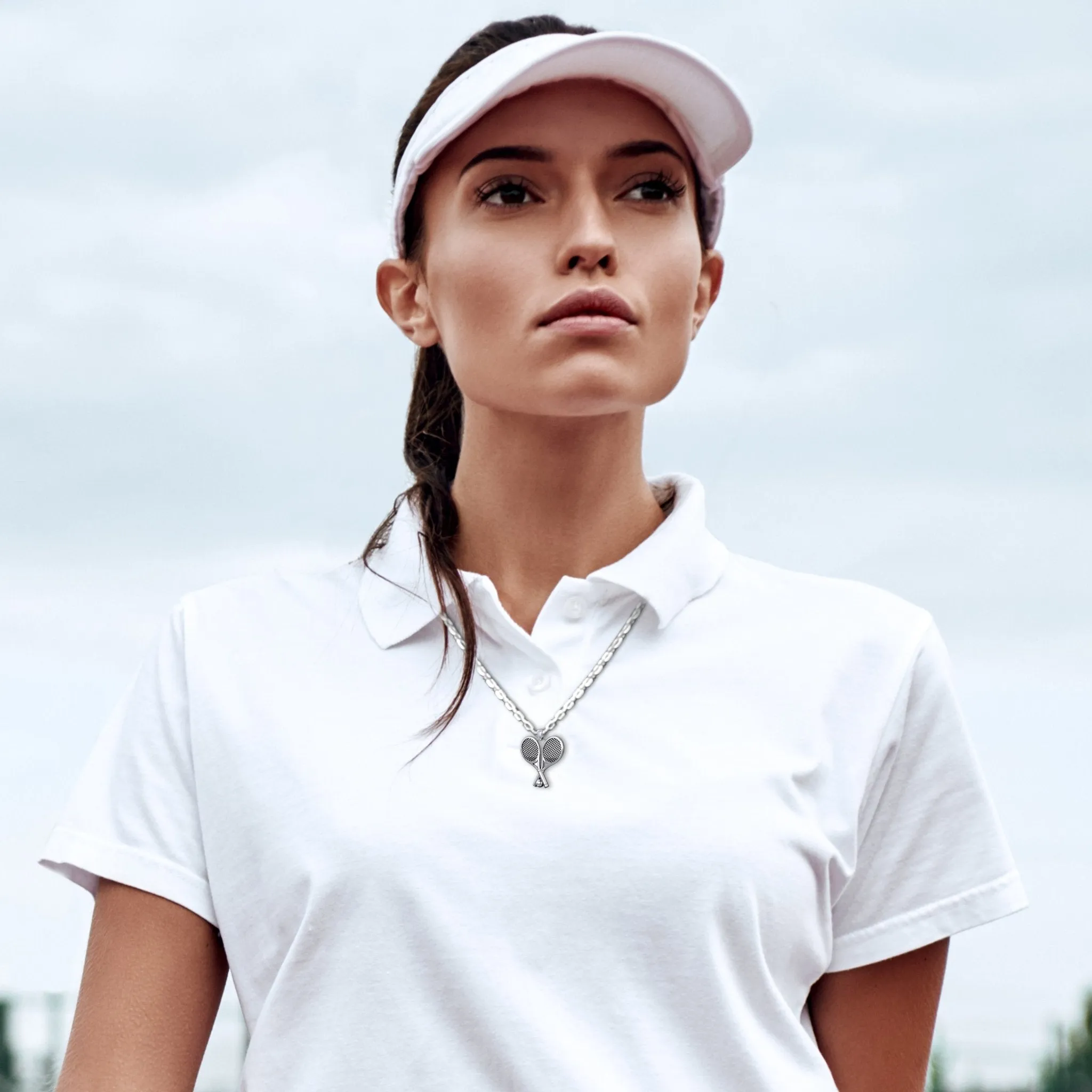 Small 925 Sterling Silver 3D Double Tennis Racket & Ball Pendant Necklace, 25mm