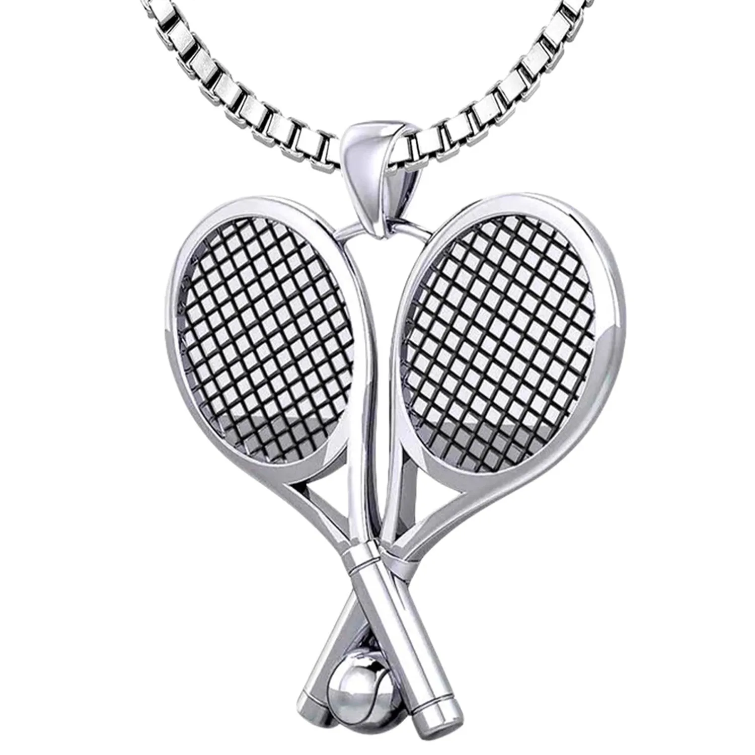 Small 925 Sterling Silver 3D Double Tennis Racket & Ball Pendant Necklace, 25mm