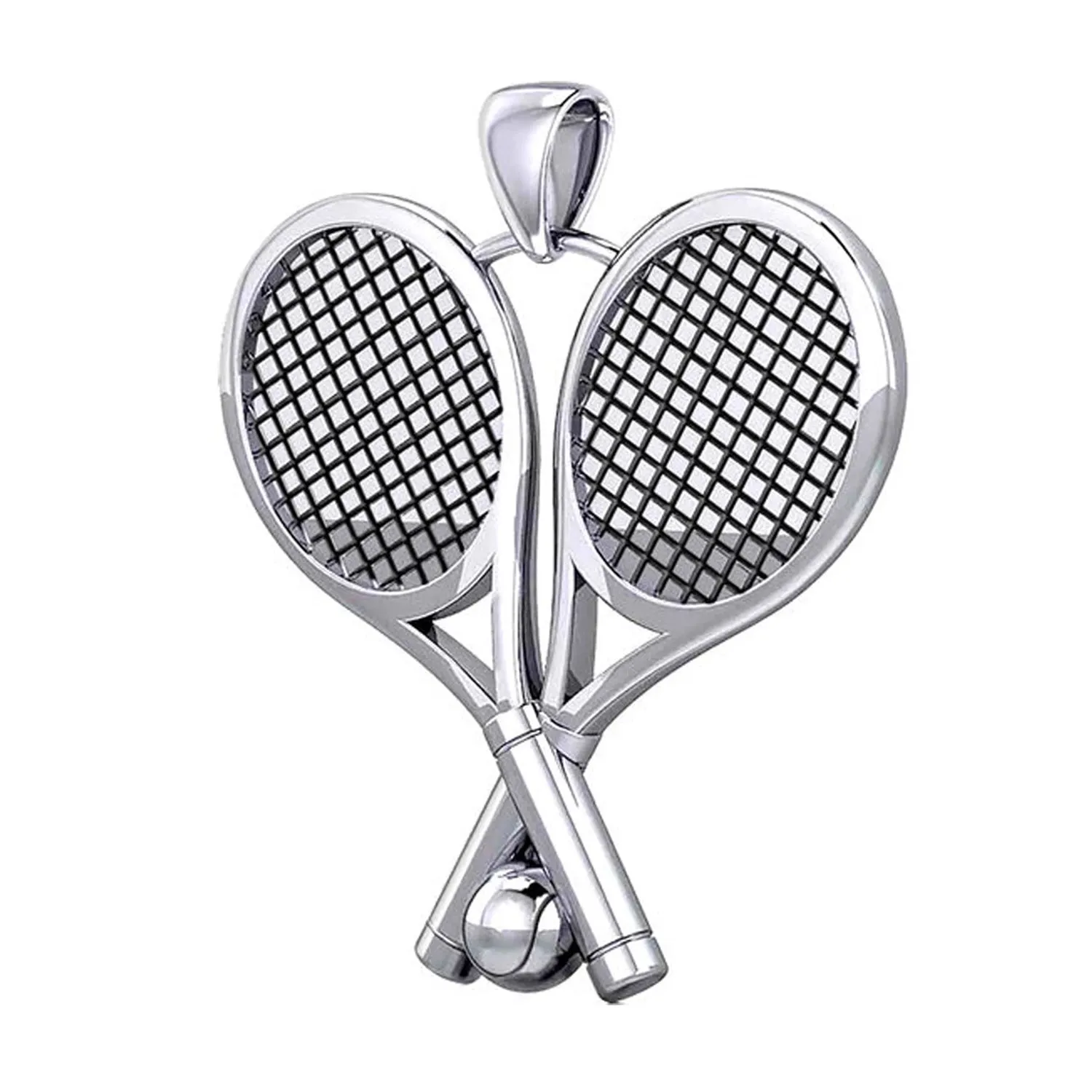 Small 925 Sterling Silver 3D Double Tennis Racket & Ball Pendant Necklace, 25mm