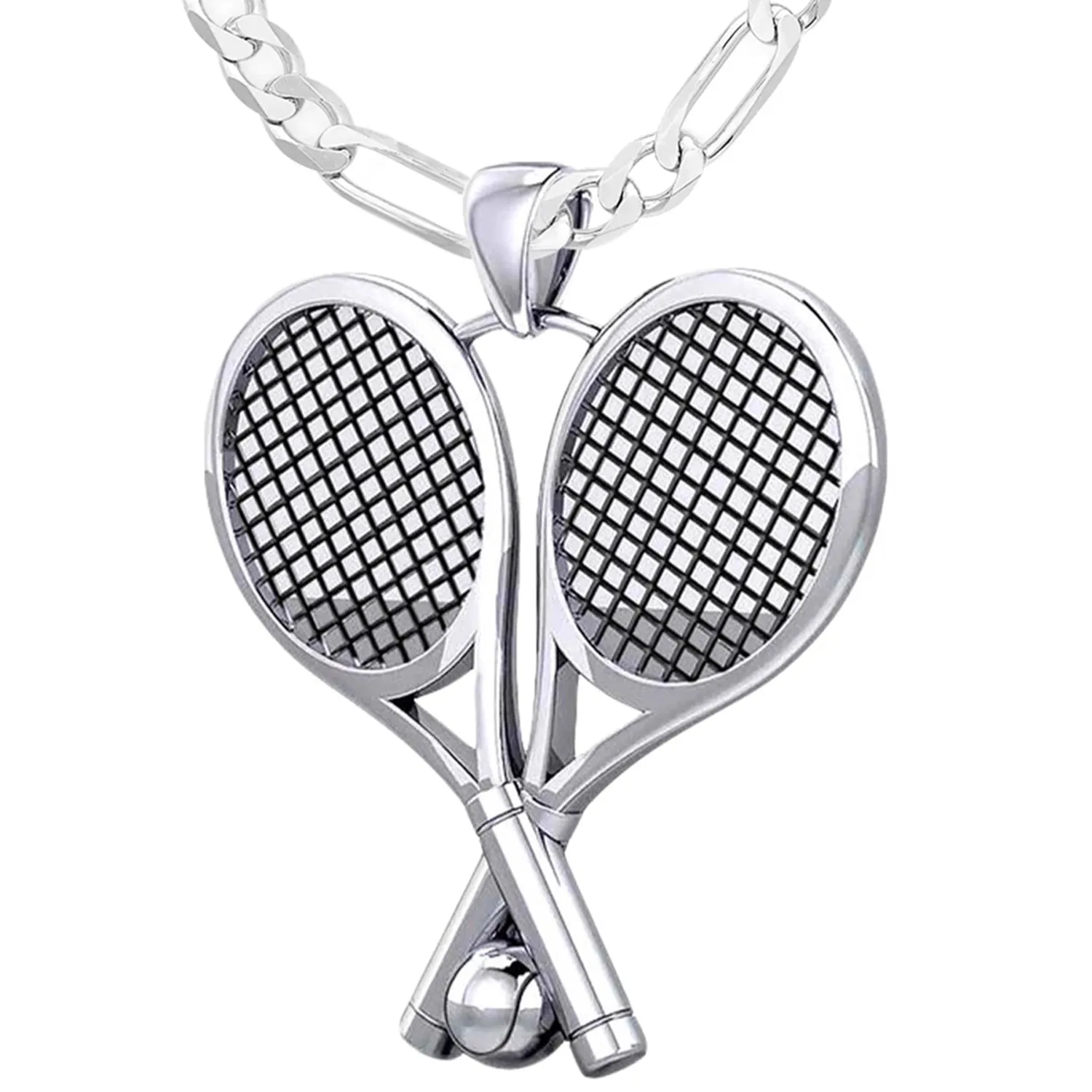 Small 925 Sterling Silver 3D Double Tennis Racket & Ball Pendant Necklace, 25mm